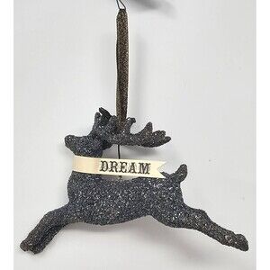 Vtg Glitter Resin Reindeer Christmas Tree Ornament Decoration Dream Banner 5.75"